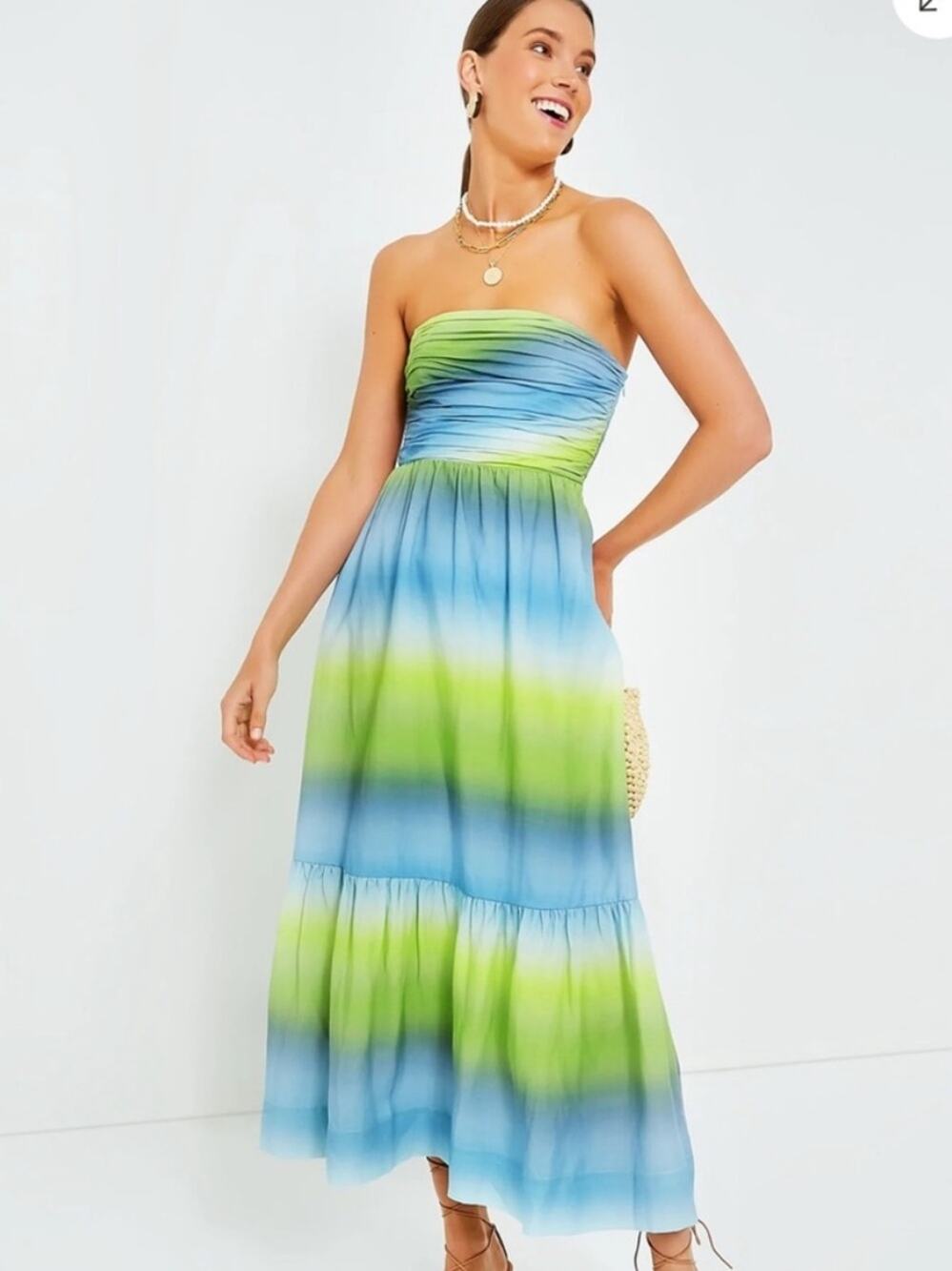 NWT Tuckernuck Kaia Strapless Dress Chartreuse Green sky Blue Ombré Maxi XS